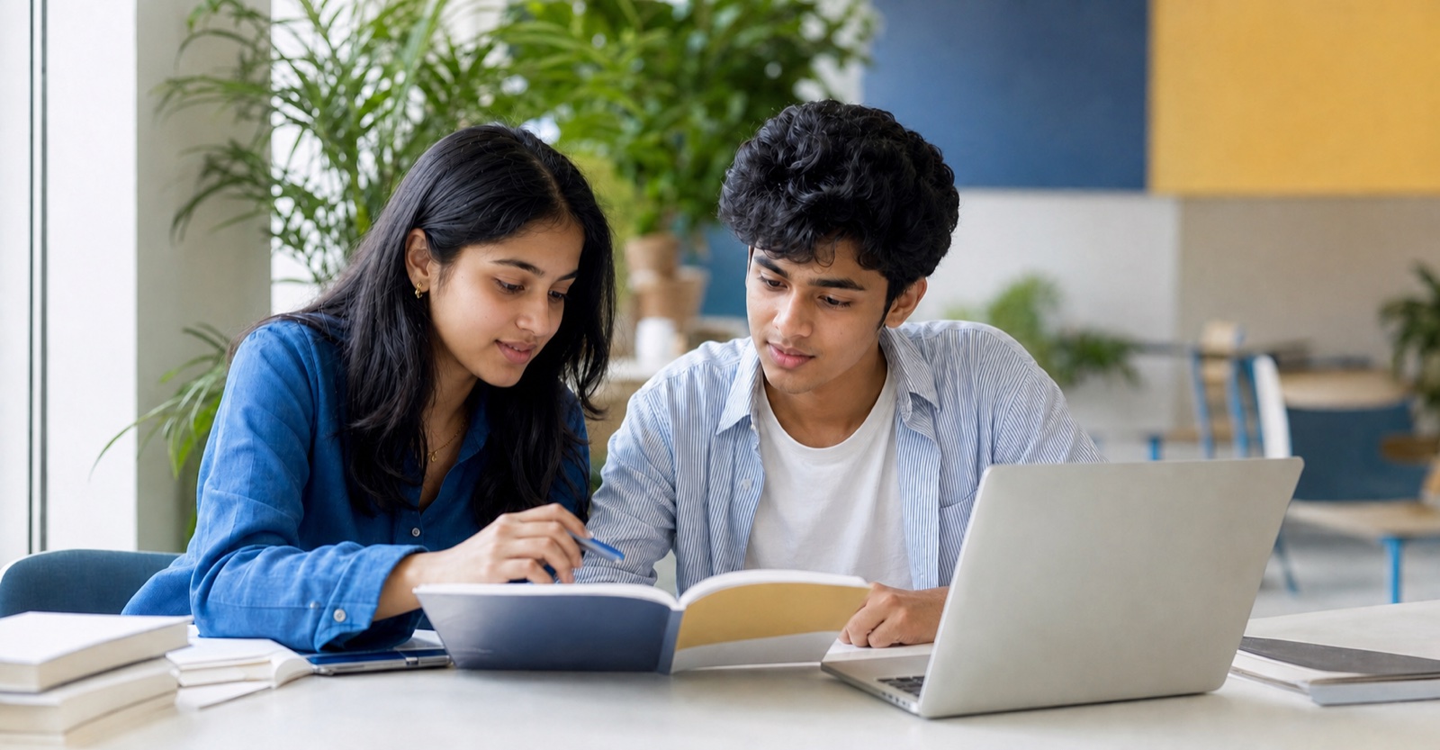 A female and male senior-secondary student thoughtfully exploring a career pathway together
